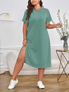 Shapeblank Plus Size Women Solid Color Round Neck Short Sleeve Casual Dress - Green - View 5