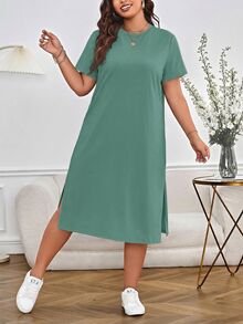 Shapeblank Plus Size Women Solid Color Round Neck Short Sleeve Casual Dress - Green - View 7