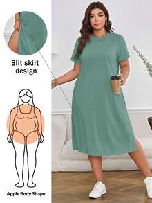 Shapeblank Plus Size Women Solid Color Round Neck Short Sleeve Casual Dress - Green - View 1