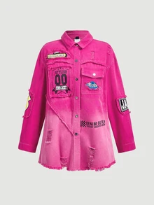 BriallanyX BriallanyX Jaket Denim Lengan Panjang Wanita dengan Kancing, Jumbai, dan Tampilan Lusuh - Berwarna merah muda - View 5