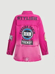 BriallanyX BriallanyX Jaket Denim Lengan Panjang Wanita dengan Kancing, Jumbai, dan Tampilan Lusuh - Berwarna merah muda - View 7