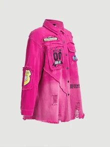BriallanyX BriallanyX Jaket Denim Lengan Panjang Wanita dengan Kancing, Jumbai, dan Tampilan Lusuh - Berwarna merah muda - View 6