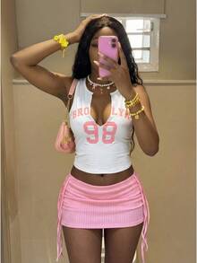 Fiercella Fiercella Fashionable Women's Pink & Yellow Colorblock Tank Top And Pink Skirt 2 Pieces Set - Multicolor - View 2