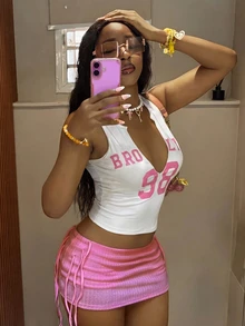 Fiercella Fiercella Fashionable Women's Pink & Yellow Colorblock Tank Top And Pink Skirt 2 Pieces Set - Multicolor - View 6