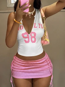 Fiercella Fiercella Fashionable Women's Pink & Yellow Colorblock Tank Top And Pink Skirt 2 Pieces Set - Multicolor - View 7