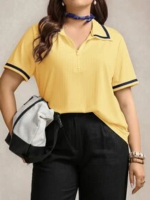 Comfylo 大尺碼 Polo 領上衣，高彈性面料，翻領短袖 T 恤，運動休閒上衣，半拉鍊領口，領口與袖口對比色設計，機場穿搭，寬鬆休閒上衣 - 黃色 - 查看 7