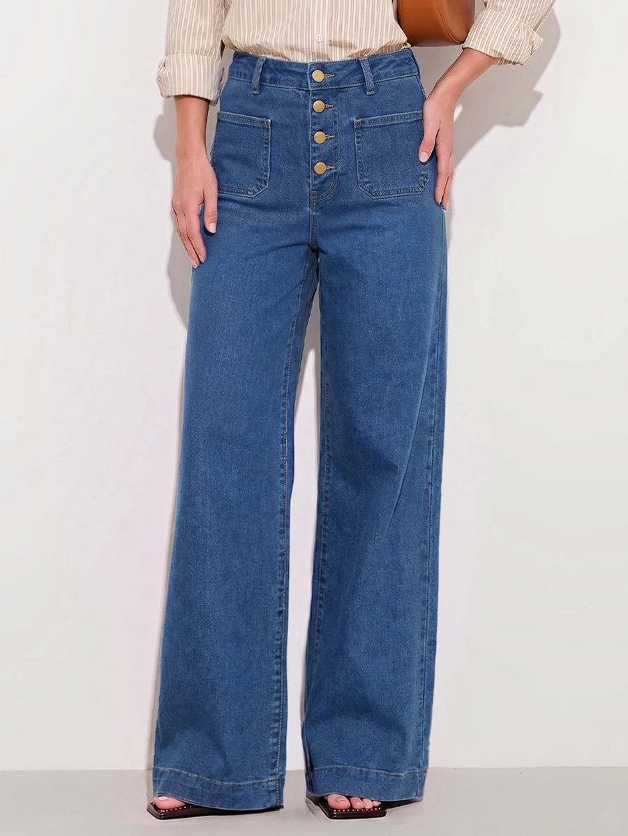 CielaLinda Women's Casual Daily Denim Jeans With Pockets And Buttons - Blue - View 1