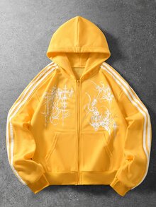 ROMWE MEN Goth Men's Striped Colorblock Zip-Up Long Sleeve Hoodie - Yellow - View 1