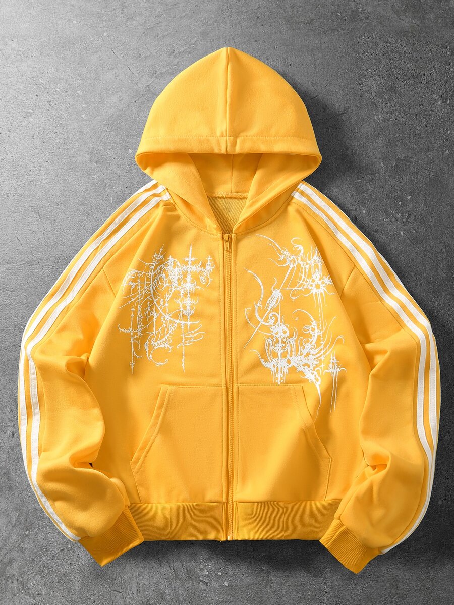 ROMWE MEN Goth Men's Striped Colorblock Zip-Up Long Sleeve Hoodie - Yellow - View 1