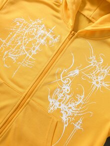 ROMWE MEN Goth Men's Striped Colorblock Zip-Up Long Sleeve Hoodie - Yellow - View 7