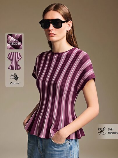 Ontre 2026 New Autumn Women's Loose Fit Pink And Purple Striped Batwing Sleeve Knit Sweater Round Neck A-Line Design Casual French Elegant Independence Day