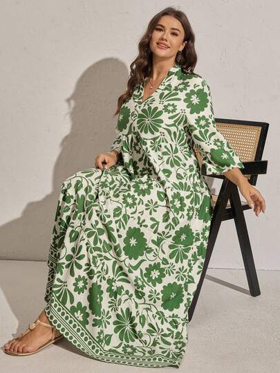 Comfylo Plus Size Women Floral Print Flare Sleeve Ruffle Hem Boho Maxi Dress,Beige Summer Vacation Holiday Green And White Tiered Beach Casual Outfits Fall