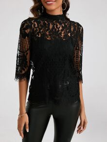 Amorya Women's Spring Stand Collar Lace Black Top Summer - Black - View 8