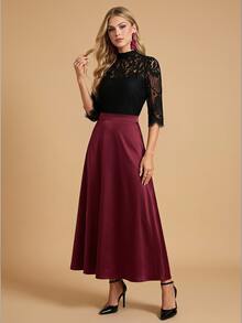 Amorya Women's Spring Stand Collar Lace Black Top Summer - Black - View 2