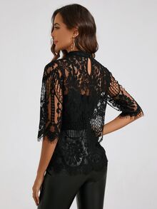 Amorya Women's Spring Stand Collar Lace Black Top Summer - Black - View 7