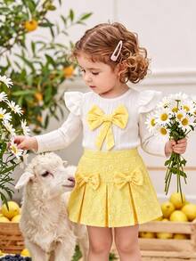 SHEIN Playful Pals Baby Girls Ruffle Long‑Sleeve Ribbed Top Bow Decor Textured Fabric Pleated Floral Skirt 2Pcs Outfit Set - Yellow - View 9