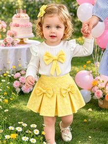 SHEIN Playful Pals Baby Girls Ruffle Long‑Sleeve Ribbed Top Bow Decor Textured Fabric Pleated Floral Skirt 2Pcs Outfit Set - Yellow - View 10