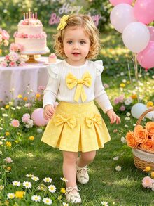 SHEIN Playful Pals Baby Girls Ruffle Long‑Sleeve Ribbed Top Bow Decor Textured Fabric Pleated Floral Skirt 2Pcs Outfit Set - Yellow - View 2