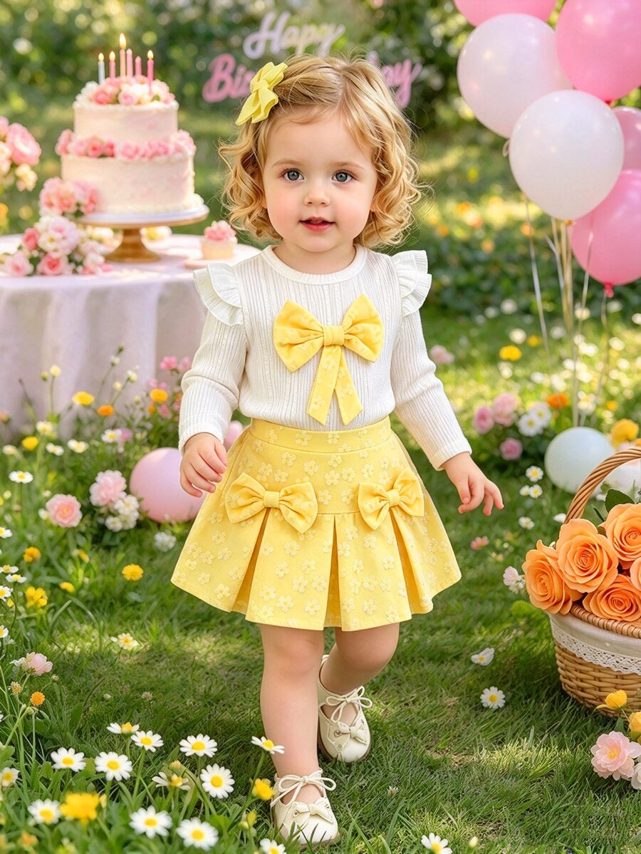 SHEIN Playful Pals Baby Girls Ruffle Long‑Sleeve Ribbed Top Bow Decor Textured Fabric Pleated Floral Skirt 2Pcs Outfit Set