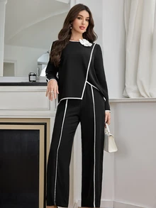 Modelyn 2pcs Women's Contrasting Trim 3D Floral Decor Minimalist Top And Pants Set 2 Pieces Set Fall Cloth For Women - Black and White - View 7