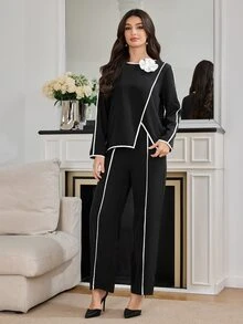 Modelyn 2pcs Women's Contrasting Trim 3D Floral Decor Minimalist Top And Pants Set 2 Pieces Set Fall Cloth For Women - Black and White - View 6