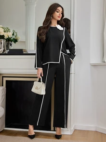 Modelyn 2pcs Women's Contrasting Trim 3D Floral Decor Minimalist Top And Pants Set 2 Pieces Set Fall Cloth For Women - Black and White - View 4