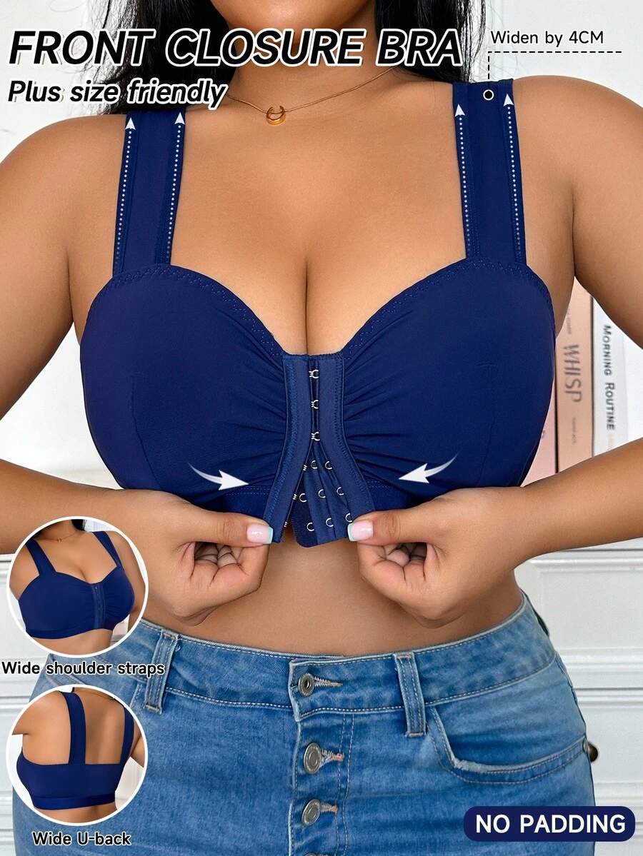 SHEIN Elacene 大尺碼女款前胸抓皺鈕扣式寬肩帶內衣 - 藍色 - 查看 1