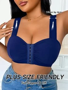 SHEIN Elacene 大尺碼女款前胸抓皺鈕扣式寬肩帶內衣 - 藍色 - 查看 3