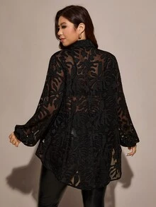 Comfylo 大码女式飘逸透视镂空上衣 - 黑色 - 查看 7