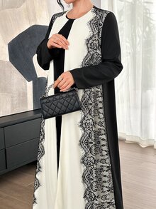 Graceveil Apricot And Black Contrast Wave Eyelash Lace Patchwork Long Cardigan Arabic Loose Long Sleeve Outerwear Robe - Black and White - View 5