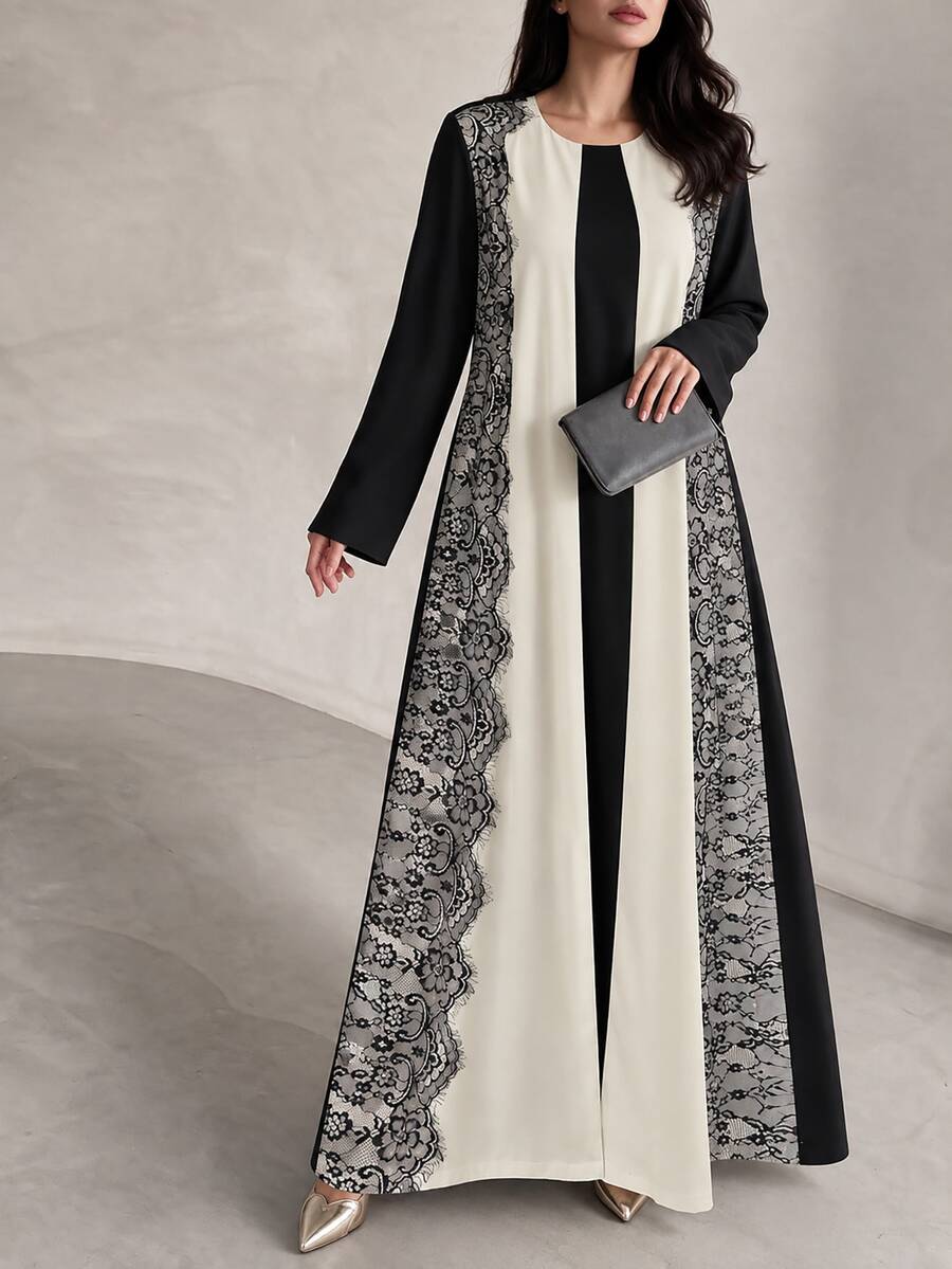 Graceveil Apricot And Black Contrast Wave Eyelash Lace Patchwork Long Cardigan Arabic Loose Long Sleeve Outerwear Robe - Black and White - View 1