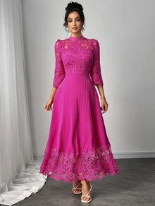 Modelyn Yellow Eyelet Embroidery Patchwork Maxi Long Sleeve Dress For Women - Hot Pink - View 9