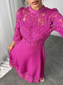 Modelyn Yellow Eyelet Embroidery Patchwork Maxi Long Sleeve Dress For Women - Hot Pink - View 2