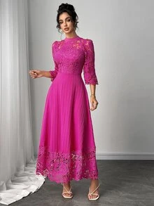 Modelyn Yellow Eyelet Embroidery Patchwork Maxi Long Sleeve Dress For Women - Hot Pink - View 7