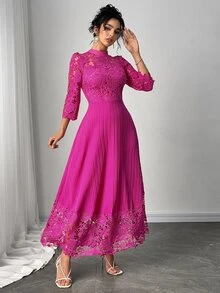 Modelyn Yellow Eyelet Embroidery Patchwork Maxi Long Sleeve Dress For Women - Hot Pink - View 8