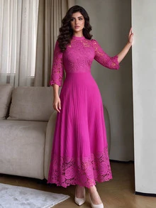 Modelyn Yellow Eyelet Embroidery Patchwork Maxi Long Sleeve Dress For Women - Hot Pink - View 1