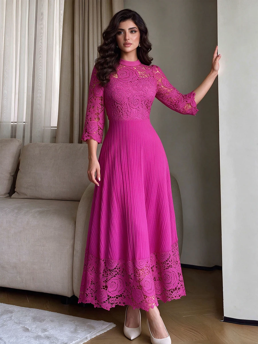 Modelyn Yellow Eyelet Embroidery Patchwork Maxi Long Sleeve Dress For Women - Hot Pink - View 1