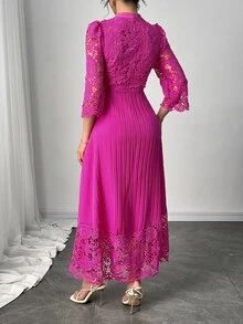 Modelyn Yellow Eyelet Embroidery Patchwork Maxi Long Sleeve Dress For Women - Hot Pink - View 5