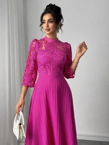 Modelyn Yellow Eyelet Embroidery Patchwork Maxi Long Sleeve Dress For Women - Hot Pink - View 6