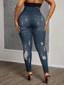 Slaydiva Plus Size Women's Textured Print Leggings, Suitable For Music Festival Outfits - Blue - View 3