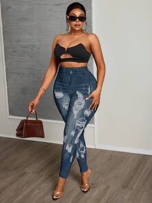 Slaydiva Plus Size Women's Textured Print Leggings, Suitable For Music Festival Outfits - Blue - View 6