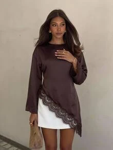 Aloruh Dark Brown Long Sleeve Shirt Lace Patchwork Dinner Extra Long Hem Asymmetrical Waist Commute Minimalist Elegant Work Outfits For Women Fall - Coffee Brown - View 1