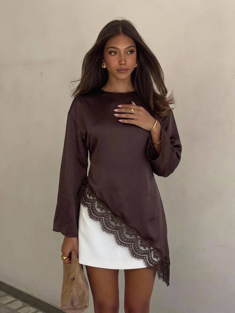 Aloruh Kemeja Lengan Panjang Cokelat dengan Hiasan Renda, Hem Ekstra Panjang, Pinggang Asimetris, Pakaian Kerja Minimalis untuk Wanita - Coffee Brown - View 1