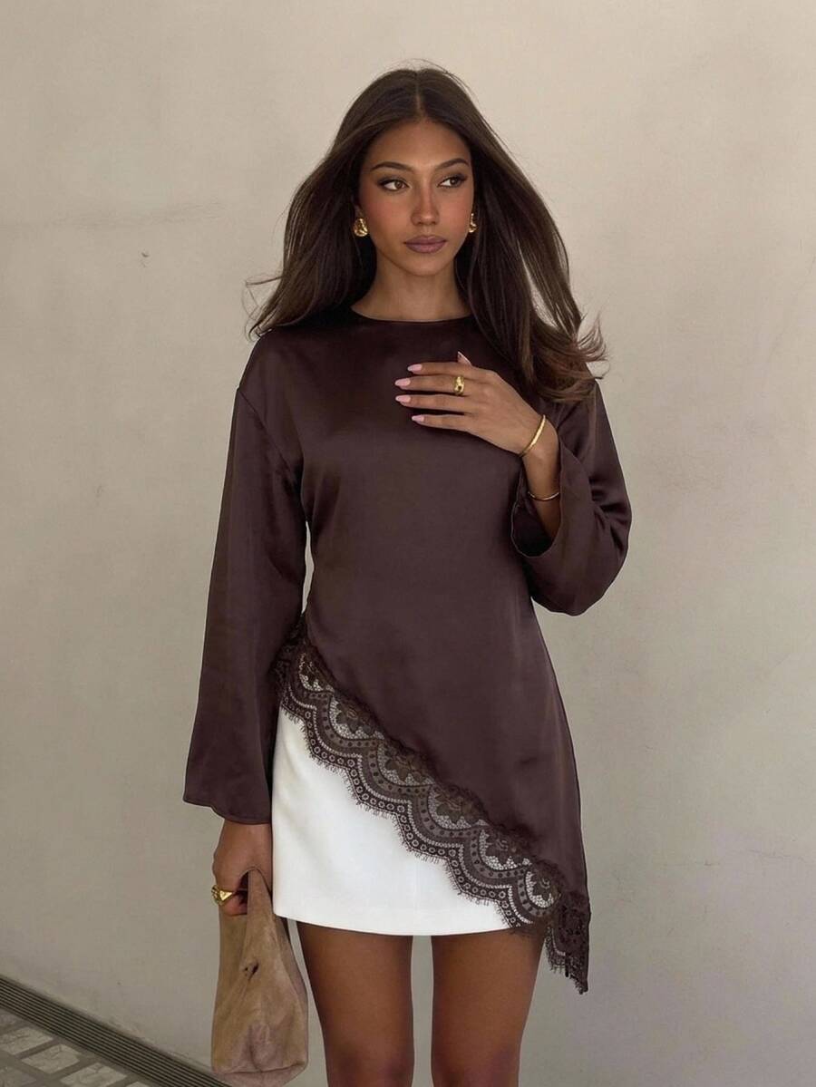 Aloruh Dark Brown Long Sleeve Shirt Lace Patchwork Dinner Extra Long Hem Asymmetrical Waist Commute Minimalist Elegant Work Outfits For Women Fall - Coffee Brown - View 1