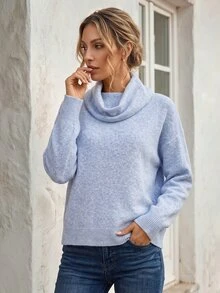 Faunlyn Cowl Neck Drop Shoulder Pullover Sweater, Soft Knit Relaxed Fit Long Sleeve Jumper For Fall Winter - Blue - View 8