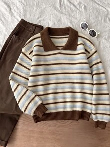 Elamini Sweater Rajut Bergaris Kasual Wanita, Musim Gugur/Dingin - MultiWarna - View 1