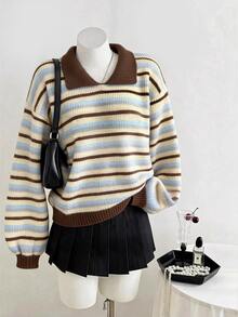Elamini Sweater Rajut Bergaris Kasual Wanita, Musim Gugur/Dingin - MultiWarna - View 3
