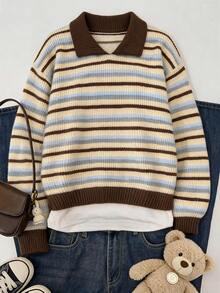 Elamini Sweater Rajut Bergaris Kasual Wanita, Musim Gugur/Dingin - MultiWarna - View 4