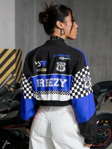 ROMWE PUNK Women's Zip-Up Long Sleeve Racing Jacket, Fashionable Streetwear - Blue - View 2