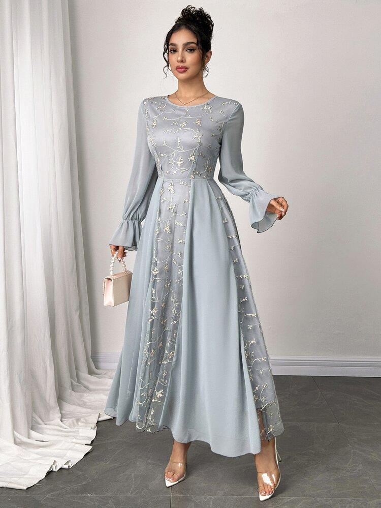Modelyn Mesh Embroidered Chiffon Patchwork Long Sleeve Dress For Women - Gray Blue - View 5